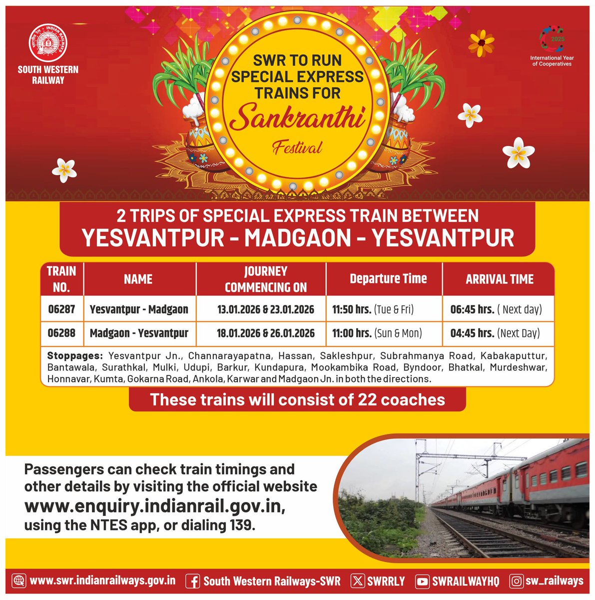 HospetRailUsers's tweet photo. #GaneshChaturthi spl train from Bengaluru to 
1.Bidar, Kalburgi,YG,Raichur ✅
2.Vijayapura,Bagalkote, GDG ✅
3.Belagavi,hubli,Haveri,Davangere ✅
4.Hassan,Mangaluru,udupi,Karwar ✅
Then what's problem in running spl train to Hosapete/Ballari? @SWRRLY @drmubl @RailwaySeva @drmsbc https://t.co/TIxxvOSewU