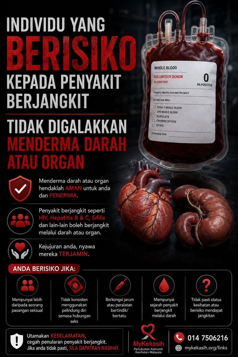 MyKekasih_ngo's tweet photo. 🩸 UTAMAKAN KESELAMATAN, JAGA NYAWA.

Individu yang berisiko mendapat penyakit berjangkit tidak digalakkan menderma darah atau organ. Jika tidak pasti tentang status kesihatan anda, dapatkan nasihat terlebih dahulu.

#MyKekasih #DermaDarah #DermaOrgan #HIVAwareness https://t.co/bmr9VPGuT7