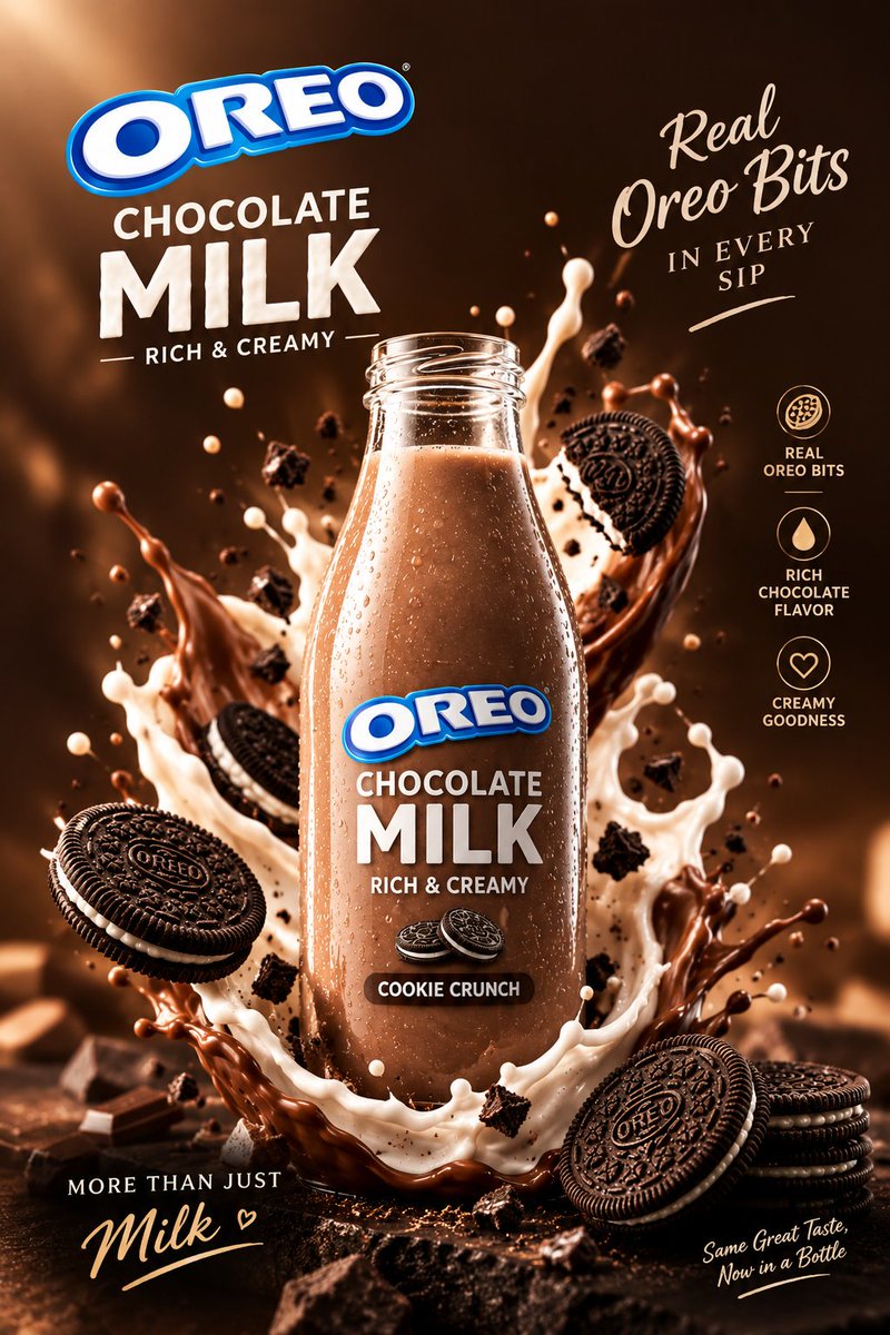 1H77k's tweet photo. Prompt:

Create a premium 10-second vertical 9:16 OREO cookie commercial, ultra-photorealistic 8K, cinematic macro food photography, luxury global FMCG advertising quality.

PRODUCT LOCK: Use the exact OREO cookie appearance from the reference — dark chocolate sandwich biscuits, embossed OREO logo and detailed cookie texture, perfectly centered white vanilla cream filling, realistic proportions and thickness. Do not redesign, distort, duplicate, or alter the product branding.

CONCEPT: FLOAT → MILK SPLASH → MACRO → CREAM REVEAL → CHOCOLATE CRUNCH → HERO

01 | 0–1.5s — FLOAT
Extreme macro shot of a single OREO cookie floating elegantly in a rich chocolate-brown environment. Tiny chocolate crumbs and soft creamy particles drift through the air. Slow cinematic camera movement, shallow depth of field.

02 | 1.5–3s — MILK SPLASH
A smooth stream of fresh white milk rises dramatically around the cookie, creating beautiful slow-motion splashes and suspended droplets. Milk droplets catch the studio light with realistic reflections.

03 | 3–4.5s — MACRO TEXTURE
Camera pushes into an extreme close-up of the OREO surface. Reveal the intricate embossed pattern, OREO lettering, crisp chocolate texture and tiny crumbs. Highly detailed food photography.

04 | 4.5–6s — CREAM REVEAL
The cookie gently separates to reveal the thick, smooth white vanilla cream layer. Cream looks rich, soft and delicious, with subtle glossy highlights.

05 | 6–7.5s — CHOCOLATE CRUNCH
The two chocolate biscuits come together with a satisfying visual crunch. Tiny crumbs burst outward in slow motion while milk droplets float around the product.

06 | 7.5–10s — HERO SHOT
Single OREO cookie suspended beautifully above a glossy chocolate-and-milk surface. Elegant milk splash forms a subtle circular frame around it. Camera slowly pulls back and settles into a premium hero composition.

LIGHTING: warm cinematic studio lighting, soft highlights, controlled reflections, rich chocolate tones, creamy whites, subtle volumetric glow.

CAMERA: macro lens, shallow DOF, smooth slow-motion movement, realistic focus transitions, premium commercial cinematography.

STYLE: photorealistic, hyper-detailed food textures, luxurious, appetizing, cinematic, realistic liquid physics, premium FMCG TVC, 8K.

NEGATIVE PROMPT: no people, no hands, no extra logos, no packaging redesign, no distorted OREO lettering, no duplicate main cookie, no deformed cream, no artificial-looking CGI, no watermark, no text artifacts, no blurry product, no unrealistic liquid physics.