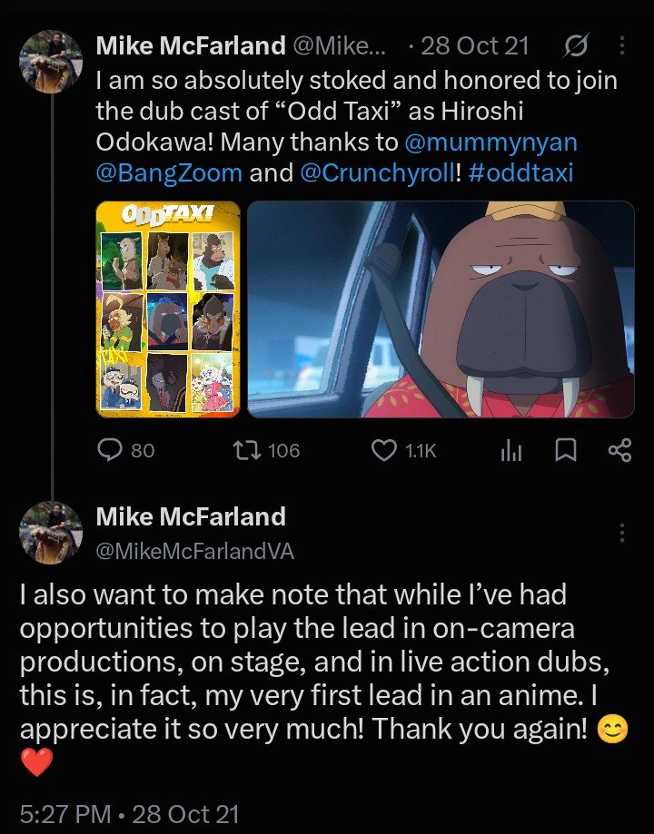 B_Rabbit843's tweet photo. Thank you @MikeMcFarlandVA for the amazing dubs you've directed, written for and voiced in over the years. Your contributions to this great medium will never be forgotten, especially in your first lead anime role as Odokawa from ODDTAXI. Thank you sir. RIP 🫡 🕊️ https://t.co/x90vYt5QE8