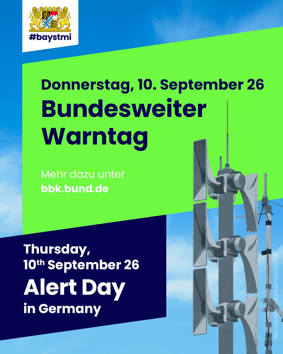 BayStMI's tweet photo. ⚠️ Heute ist bundesweiter #Warntag: Ab 11 Uhr werden bundesweit verschiedene Warnmittel getestet. Je nach Region und technischer Verfügbarkeit können dabei Sirenen, Warn-Apps und Cell Broadcast zum Einsatz kommen.

👉 Weitere Informationen unter https://t.co/c9zXwoZWlo 🔗 https://t.co/nJz0YDbHvv