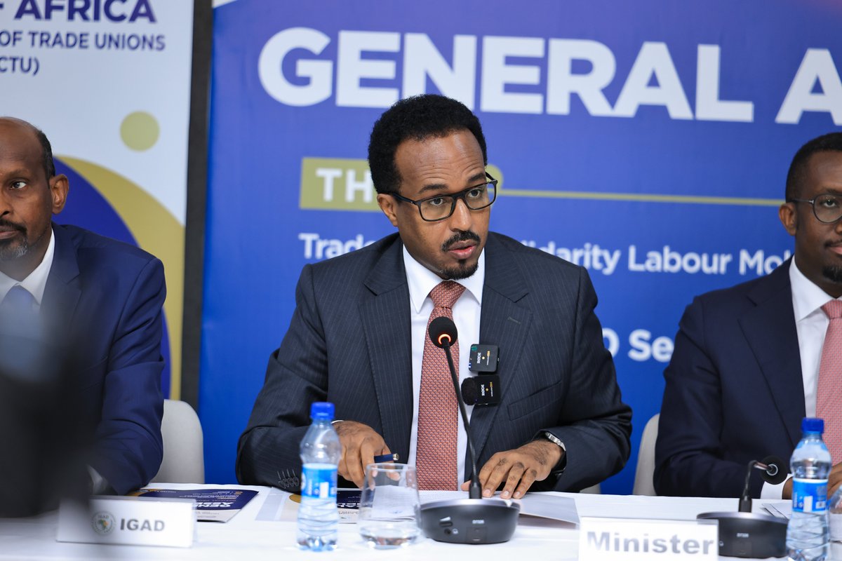 festusomalia's tweet photo. 🇸🇴 H.E. Ambassador Gamal Mohamed Hassan @AmbGamal, Minister of Commerce and Industry, addressed Horn of Africa trade union leaders gathered in Mogadishu for the General Assembly of the Horn of Africa Confederation of Trade Unions (HACTU).

He said workers must have a place in the region’s growing trade and economic integration, stressing that there can be no successful trade without workers whose rights are respected and protected.

“More regional trade should mean more decent jobs, stronger workers’ rights and greater opportunities for working people,” Minister Jamal Hassan said.