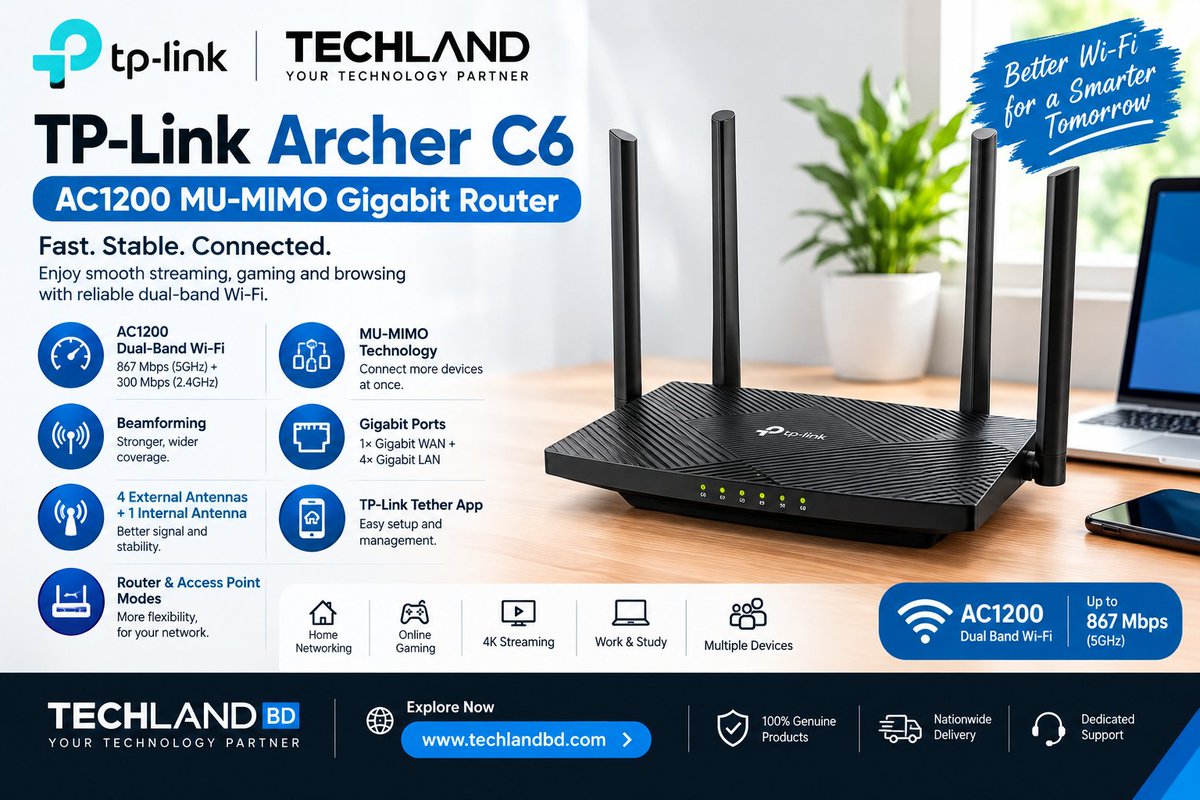 TechLandBD's tweet photo. 📡 TP-Link Archer C6 AC1200 Gigabit Router
🚀 AC1200 Dual-Band Wi-Fi
📶 867Mbps 5GHz + 300Mbps 2.4GHz
🔄 MU-MIMO
🎯 Beamforming
🔌 1× Gigabit WAN + 4× Gigabit LAN
📱 Tether App
🎮 Great for streaming & gaming
👉 https://t.co/PtMLFxpwDU
#TPLink #ArcherC6 #WiFiRouter #AC1200 https://t.co/8JKVEdoPUV