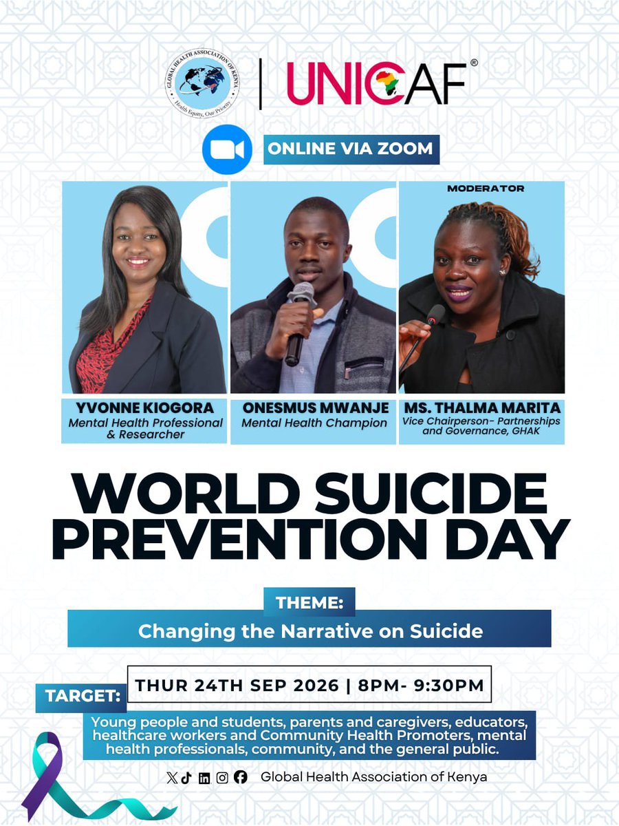 Health001Global's tweet photo. It's okay to not be okay&amp; it's okay to talk about it. 💜Join us this #WorldSuicidePreventionDay as we *Change the Narrative on Suicide*  from silence and stigma to hope and support
📅 24th Sep | 8PM EAT | On Zoom
 Link in bio https://t.co/jYmmCwUMuE

#YouAreNotAlone
#GHAK
#UNICAF https://t.co/WRkL7xViWl
