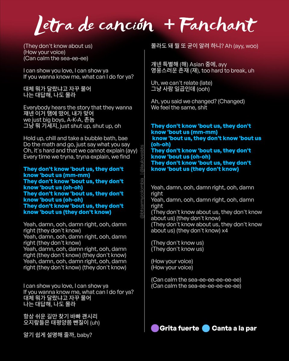 btsarmycol_'s tweet photo. 💜 Seguimos #RumboaARIRANG con THEY DON’T KNOW ’BOUT US

Una canción que pone sobre la mesa algo muy BTS: todo lo que el mundo puede decir, interpretar o imaginar sobre ellos, frente a lo que solo ellos conocen de su propia historia, su identidad y el camino que han construido.

En este carrusel encontrarán letra, pronunciación y fanchant, además de la guía en video de Lau (@namubngtan) para quienes quieran practicar antes del concierto. 🎧✨

Sin carreras y sin examen final. 😌
Puedes aprendértela completa, quedarte con tus partes favoritas o llegar el 2 y/o 3 de octubre y cantarla como quieras. Cada ARMY va a su ritmo. 💜

Guarda el carrusel y compártelo con esa ARMY con quien no necesitas explicar demasiado. 😉

#BTS_WORLDTOUR_ARIRANG
#BTS_WORLDTOUR_ARIRANG_BOGOTA