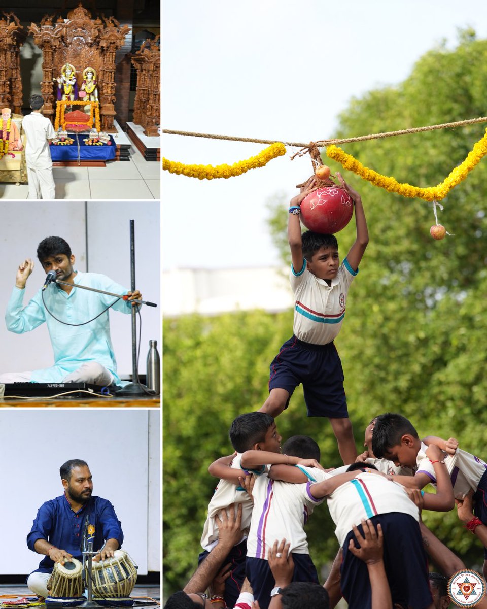 AVMupdates's tweet photo. 🦚✨ Janmashtami Celebrations at AVM ✨🦚

A beautiful blend of bhakti, music, joy and youthful energy! 💙

Our students came together to celebrate the birth of Lord Krishna with soulful bhajan jamming, devotional singing, and the much-awaited Matki Phod. 🎶🪈🪔

From singing their hearts out in devotion to cheering each other on as they reached for the matki, the celebrations were filled with faith, togetherness and unforgettable moments.

A celebration where devotion met joy, and tradition met youthful enthusiasm! 🌸🙏

#Janmashtami #JanmashtamiCelebrations #AVM #culture @iHariPrabodham