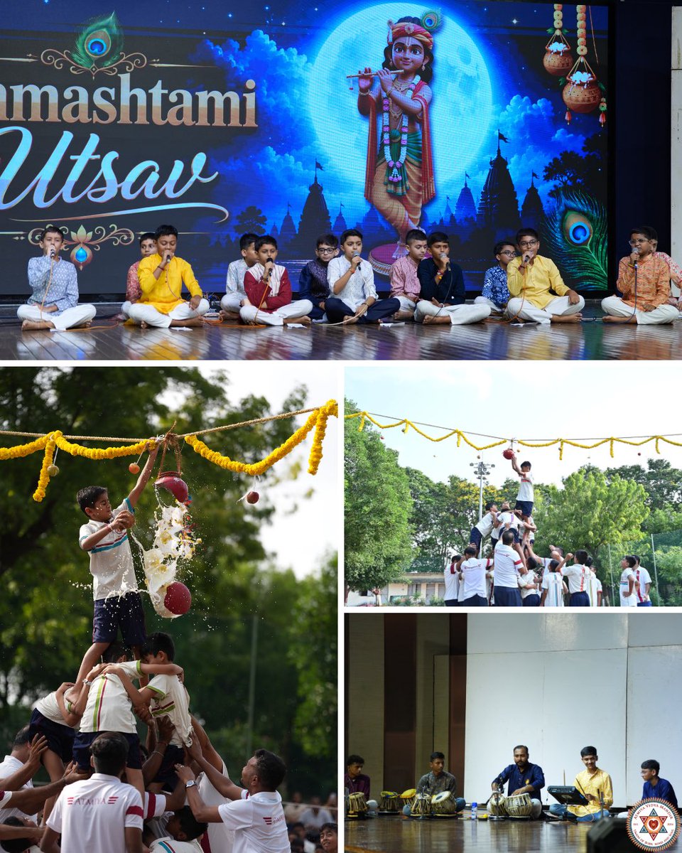 AVMupdates's tweet photo. 🦚✨ Janmashtami Celebrations at AVM ✨🦚

A beautiful blend of bhakti, music, joy and youthful energy! 💙

Our students came together to celebrate the birth of Lord Krishna with soulful bhajan jamming, devotional singing, and the much-awaited Matki Phod. 🎶🪈🪔

From singing their hearts out in devotion to cheering each other on as they reached for the matki, the celebrations were filled with faith, togetherness and unforgettable moments.

A celebration where devotion met joy, and tradition met youthful enthusiasm! 🌸🙏

#Janmashtami #JanmashtamiCelebrations #AVM #culture @iHariPrabodham