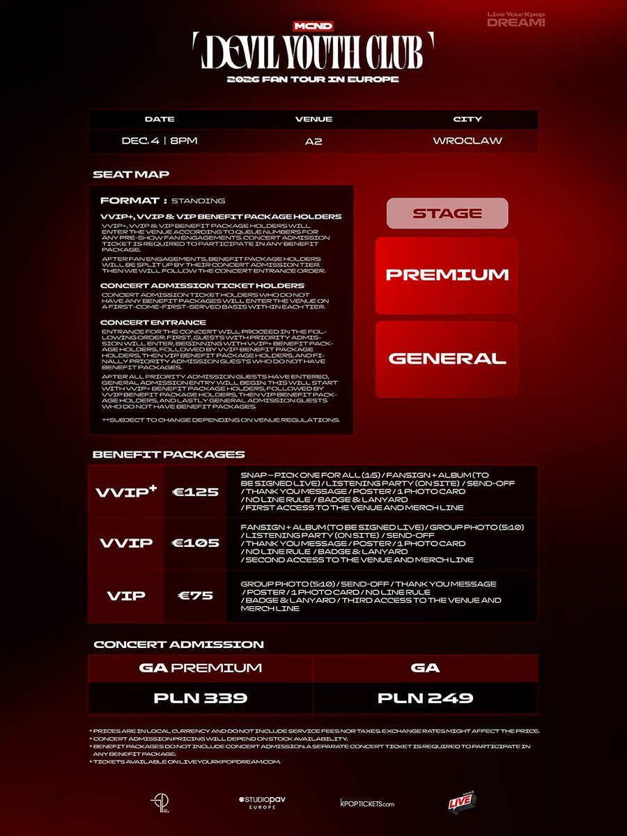 StudioPAVEurope's tweet photo. #GEM, here are the venue maps for ❤️‍🔥MCND Devil Youth Club 2026 Fan Tour in Europe❤️‍🔥

Tickets go on sale Friday (Sep 11) starting at the times listed below:

4:00 PM CET - Concert Admission
5:00 PM CET - Benefit Packages for EARLY ACCESS Members
6:00 PM CET - Benefit Packages for General Public

Tickets will be available at 🔗https://t.co/pmZNAWMvj5. Our ✨Pick-A-Pose Snapshot Session✨ will be available for this tour. More information about this will be released later on!

🚨Please note: Sales for Paris & Lyon will not open this Friday. A separate schedule for Paris & Lyon will be updated shortly! 🚨

#MCND #엠씨엔디 #MCNDinEUROPE #DevilYouthClub