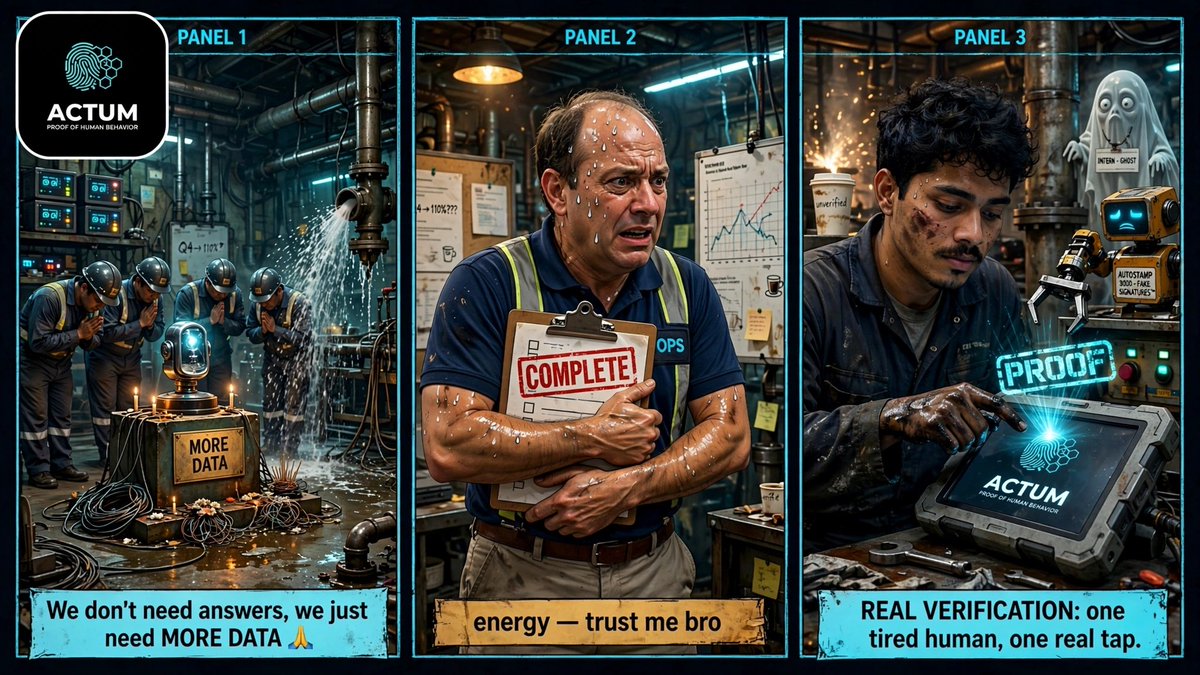 bajuscry's tweet photo. Three panels, one honest joke.

Panel one — everyone praying to "MORE DATA" while the actual pipe is leaking behind them.

   Panel two — a manager sweating, clipboard stamped COMPLETE, running purely on "trust me bro" energy. Panel three — one tired guy, one real tap, and that's it. Proof.

That's the whole problem with verification today, no. Companies keep adding sensors, keep adding reports, keep adding dashboards — and still nobody can say for sure a human actually did anything. More data doesn't fix that. A stamp doesn't fix that either.

What actually settles it is proof of human behavior. Real hands, real action, real moment, verified — not worshipped, not assumed.

Actum gets that part right.
#POHA @Actum_AI @Actum_system #industrialDepin #Actum