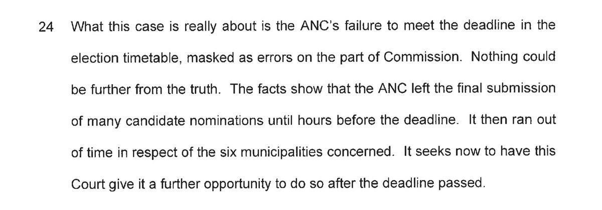 TshimomolaGK's tweet photo. Read the @IECSouthAfrica responding affidavit to the @MYANC baseless claims about the candidate nomination “glitch,” etcetera etcetera. Emphatic😖. Five (5) key things:

1.180 paragraphs of facts and evidence.
2.6 municipalities the ANC failed to submit lists for (including Mangaung Metro).
3.2,274 candidates whose names were not submitted.
4.Deadline: 17:00, 28 August.
5.16:58, the last time the ANC submitted a candidates list of Inxuba Yethemba Municipality, proving the system was functioning properly, as it should up to the last minute. 

Then comes the uppercut: the ANC failed to submit the list of nominations, and by law, the ANC is excluded from elections in these six municipalities.

If the Electoral Court finds in favour of the ANC, they must just include a paragraph explaining how special the ANC is, and why it must be treated as if it’s above the law.

If you are an ANC member, read paragraph 24 of Mr Phatudi Simon “Sy” Mamabolo’s affidavit, Chief Electoral Officer, and if it doesn’t make you think heads must roll at the level of Officials, at least Secretary General, it says more about you than about Secretary General Mr @MbalulaFikile.