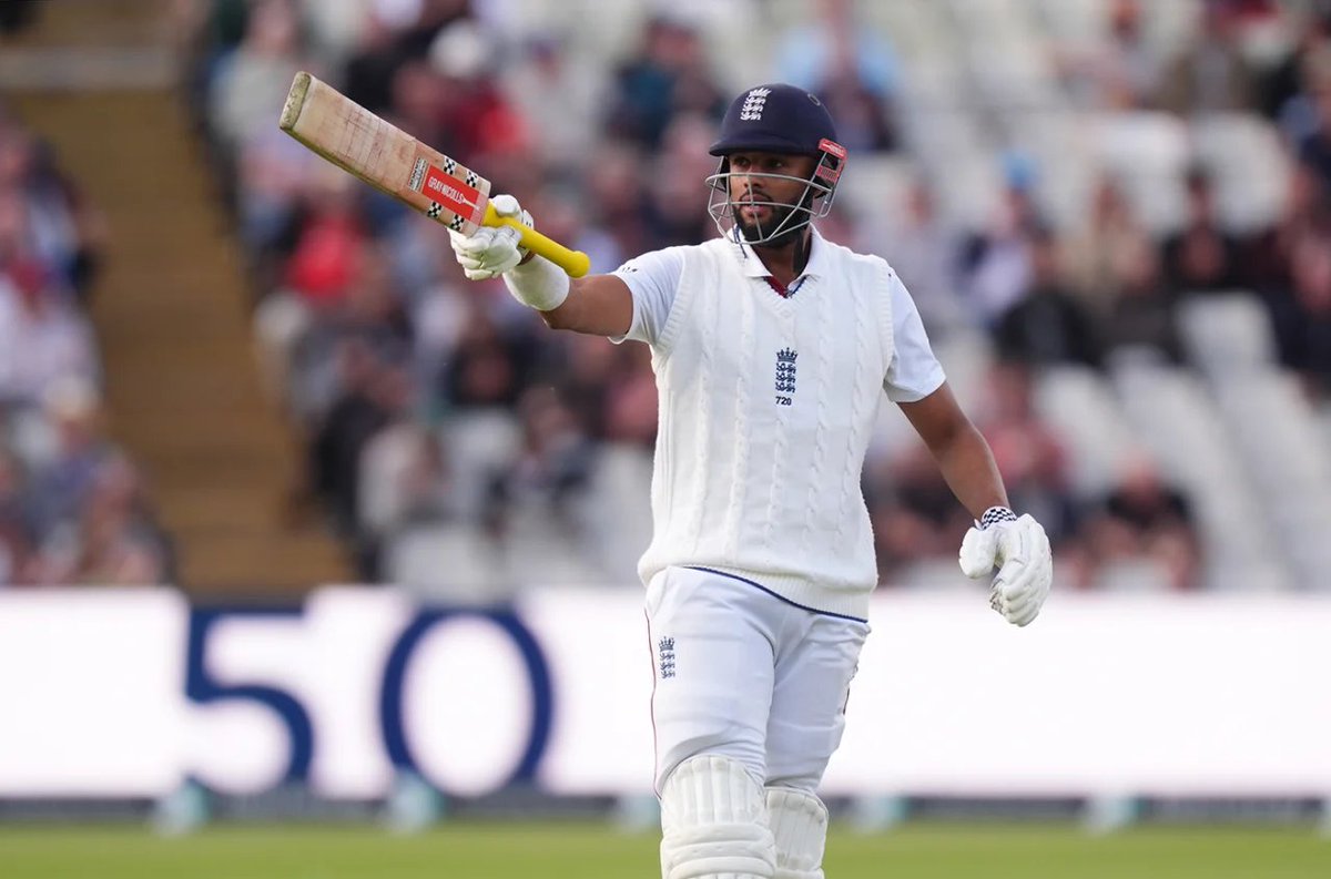 ABsay_ek's tweet photo. England under Stokes and McCullum built a whole identity around scoring fast & taking risks nobody else would dare. It won them few matches but it also broke them at the top. Zak Crawley kept flashing at wide ones. Someone had to hold the other end while Ben Duckett played his beautiful (reckless) music.

Enter Emilio Gay. Cap #720. A left hander from Bedford who leaves the ball like it owes him money.

Irony is thick here. Gay went to same school as Alastair Cook, England's last great stone-waller. Cook handed him his cap at Lord's this June. But Gay's path was never straightforward.
His story starts in winters in Bedford, his father Patrick parking the car beside outdoor practice nets and using the headlights to see by, throwing ball after ball in cold and snow because daylight simply ran out too early otherwise.

Gay got overlooked for Bunbury Festival as a kid, the traditional shop window for young English talent and instead of sulking about it he just kept working. At 16, facing a Zak Crawley led Tonbridge side after his own school got bowled out for 70, he made 144 in a rearguard that couldn't save the game but said plenty about what he was built for.
He took the long way to a Test cap too, actually representing Italy in T20 cricket first through his maternal grandfather, helping them qualify for their first ever World Cup before injury ruled him out of playing in it.

His technique is old school in a way that makes purists weep. A tall batter with high elbow & soft hands. He knows where his off stump is. He leaves. He waits. He lets the ball come to him. In an era where England openers treat the first 10 overs like a Powerplay, Gay bats like it's 1998 and he has all day.

He started with 8 at Lord's. Then made 57 in 2nd innings when ball was swinging around corners. Then 53 at Oval. Then 60 against Pakistan at Edgbaston, 271 runs, average of 27.1. Not earth shattering. But watch the footage. Watch him survive the morning session when others can't. Watch him blunt the new ball so Duckett can play his shots.

England spent years trying to find someone who could absorb pressure without scoring. They found him in a snow covered net in Bedford, via Italy, via rejection. He hasn't made a hundred yet. But he will. And when he does, it might not be flashy but it'll be necessary.