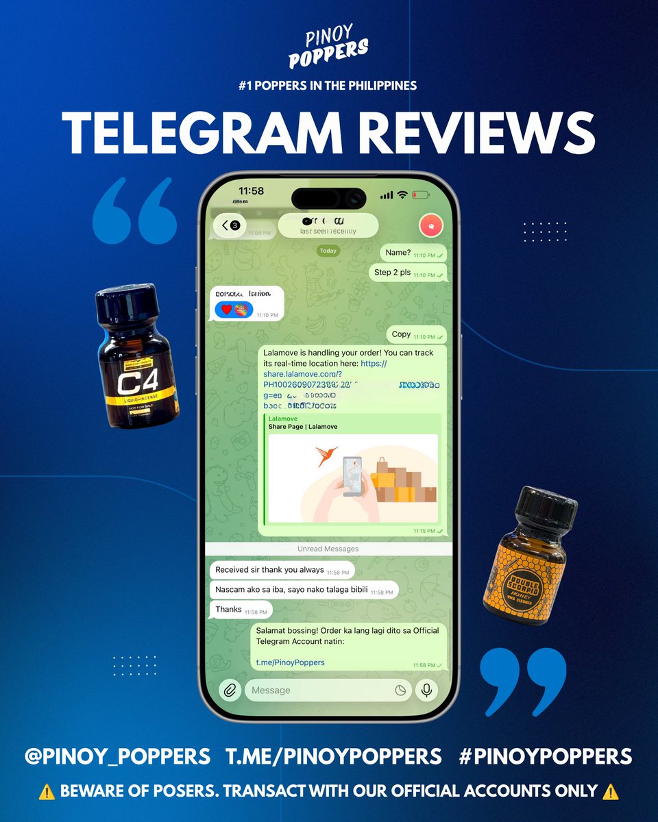 Pinoy_Poppers's tweet photo. “Nascam ako sa iba, sayo nako talaga bibili”

 *Some details have been blurred for confidentiality

Pinoy Poppers, the #1 Poppers in the Philippines 

🇵🇭 Nationwide Delivery via J&T Express
🏍️ Same Day Deliver via Lalamove/Grab Express

Order now!

📩 DM @Pinoy_Poppers
💬 TG https://t.co/XAR0I7peuf

⚠️ Beware of Posers. Transact with our Official Accounts only ⚠️

📲 TG Group https://t.co/P6RVhoacGu

#PinoyPoppers #PoppersPhilippines #Poppers #PoppersManila