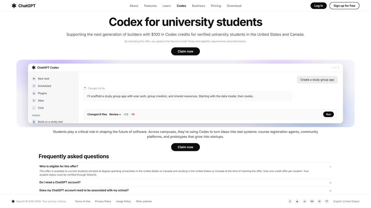 Codex student offer page advertising $100 in credits for verified university students in the United States and Canada