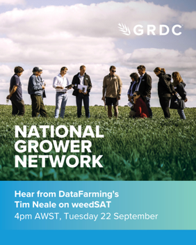 GRDCWest's tweet photo. Can a satellite help you find the #weeds worth spraying? 
At the Tambellup NGN Forum, @data_farming's Tim Neale will unpack weedSAT: using high-resolution satellite imagery to detect larger weeds &amp; create spray maps for existing equipment.
22 Sep | 4–7pm https://t.co/FWs5kugx0M https://t.co/25YETotzKF