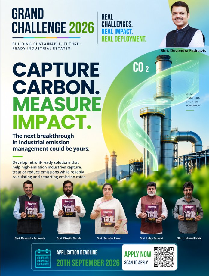 midc_india's tweet photo. CARBON CAPTURE & EMISSION MANAGEMENT

CAPTURE CARBON.
MEASURE IMPACT.

Can innovation help industries reduce and better manage emissions?
As industrial activity grows, improving air quality around industrial clusters is an increasingly important challenge.

The Grand Challenge 2026 invites companies, startups and innovators to develop ready-to-implement solutions for Carbon Capture & Emission Management.

We are looking for solutions that can help industries:
• Capture, treat or reduce emissions
• Measure and report emission rates reliably
• Improve surrounding air quality
• Be retrofitted into existing industrial infrastructure

The challenge is looking beyond concepts on paper.
Build a solution that can move from innovation to real-world implementation.

📅 Applications close: 20 September 2026

The next breakthrough in industrial emission management could start with your idea.

#GrandChallenge2026 #MIDC #CarbonCapture #EmissionManagement #ClimateTech #CleanTechnology #Sustainability #Innovation #Startups

@CMOMaharashtra @mieknathshinde @SunetraA_Pawar @samant_uday @naikindranil @midc_ceo @MahaDGIPR