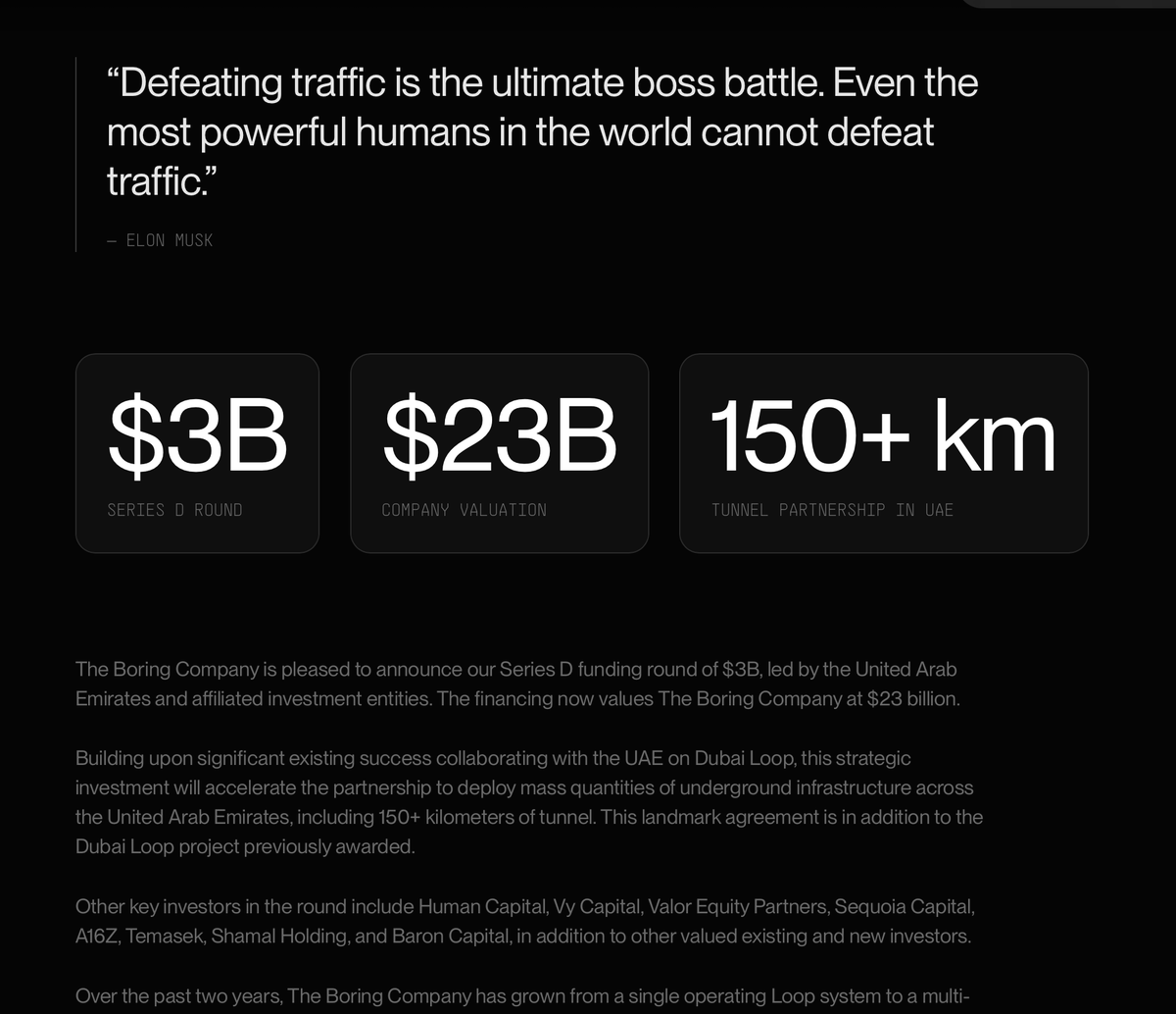 SawyerMerritt's tweet photo. Elon Musk's The Boring Company has just announced that they have raised $3 billion at a $23 billion valuation.

"The Boring Company is pleased to announce our Series D funding round of $3B, led by the United Arab Emirates and affiliated investment entities.

Building upon significant existing success collaborating with the UAE on Dubai Loop, this strategic investment will accelerate the partnership to deploy mass quantities of underground infrastructure across the United Arab Emirates, including 150+ kilometers of tunnel. This landmark agreement is in addition to the Dubai Loop project previously awarded.

Other key investors in the round include Human Capital, Vy Capital, Valor Equity Partners, Sequoia Capital, A16Z, Temasek, Shamal Holding, and Baron Capital, in addition to other valued existing and new investors.

Over the past two years, The Boring Company has grown from a single operating Loop system to a multi-city tunneling program, pairing faster machine design with the first hard-rock project, the first international construction contract, and a substantial expansion of Vegas Loop.

The company’s mission:
• Solve Traffic: To solve the problem of soul-destroying traffic, roads must go 3D. Tunnels minimize usage of valuable surface land and do not conflict with existing transportation systems. A large network of tunnels can alleviate congestion in any city.
• Beautify Cities: In many major cities around the world, roads take up an extraordinary proportion of available real estate, often monopolizing an astounding 20% to 30% of space, and up to 60% if you include parking. By placing transportation systems underground, valuable surface land can be used for pedestrians, green spaces, and recreation.
• Enable Rapid Point-to-Point Transportation: Loop is an express public transportation system that resembles an underground highway more than a subway system. If a subway or traditional light rail line had 100 stops, a train would typically stop at each station, so the trip between Stop 1 and Stop 100 would be long. In contrast, Loop passengers travel directly to their destination, anywhere between Stop 1 to Stop 100, without stopping at the intermediate stations. In Las Vegas, for example, if a train stopped at every hotel on Las Vegas Blvd, a trip from the airport to the convention center would take over 25 minutes vs 5 minutes with TBC’s system. This transportation architecture can be applied intra-city (Loop) and, with increased boring speed, can be applied inter-city (Hyperloop).

The funds from the round will be used to significantly increase hiring across engineering, operations, and production, to build and scale Loop projects, including Vegas Loop, Music City Loop in Nashville, Dubai Loop, and others, in addition to accelerating the research and development of Prufrock and future products."