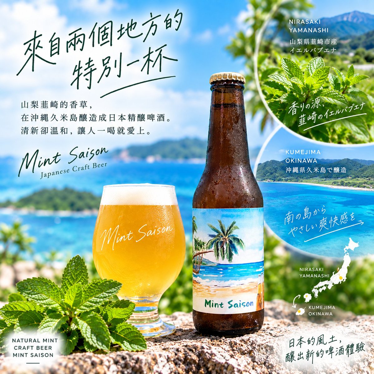 mintsaison's tweet photo. 來自日本兩個地方的特別一杯🌿🍺
使用山梨韮崎產的 Yerba Buena，在沖繩久米島釀造成清爽的日本精釀啤酒「Mint Saison」
來日本旅行時，別錯過這杯風土的味道
#MintSaison #日本精釀啤酒 #沖繩啤酒 #久米島 #山梨韮崎 https://t.co/oT8CJIbEf4