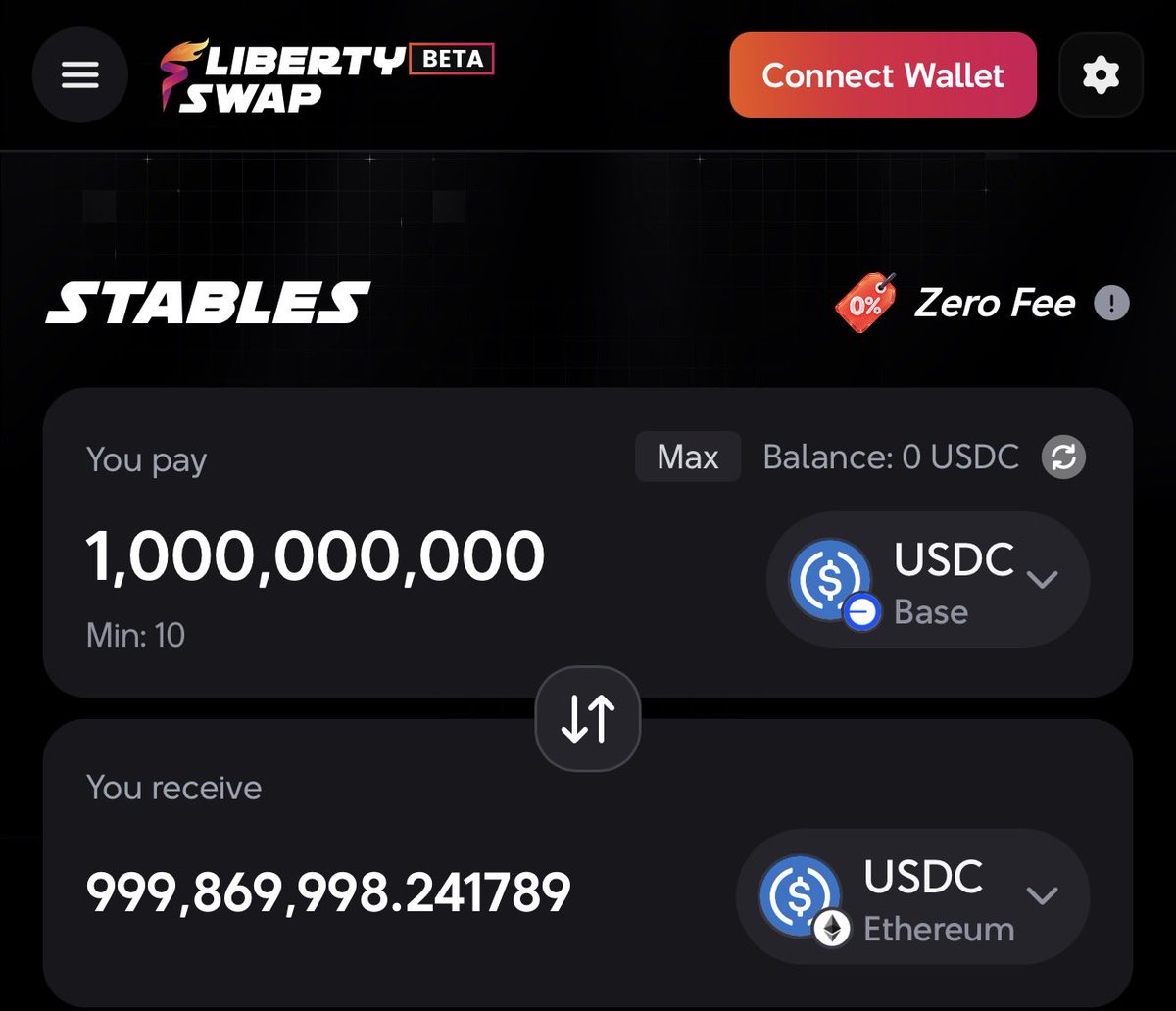 LibertySwapFi's tweet photo. 🚀 Liberty Stables or StableSwap v2 is LIVE!

We’re excited to announce that StableSwap v2 is now live.

Swap between supported stablecoins with:

• ♾️ Unlimited amount and volume
• 0️⃣ Zero protocol fees
• 1️⃣ Fixed 1:1 rate
• 🌐 Cross-chain & cross-layer swaps

Have $1,000,000,000 USDC to move? You can swap the entire amount in one transaction, at a fixed 1:1 rate between supported blockchains and layers.

No complicated pricing. No protocol fee.

Stablecoins should be simple. 🤝

Welcome to Liberty Stables/StableSwap v2. 🔥