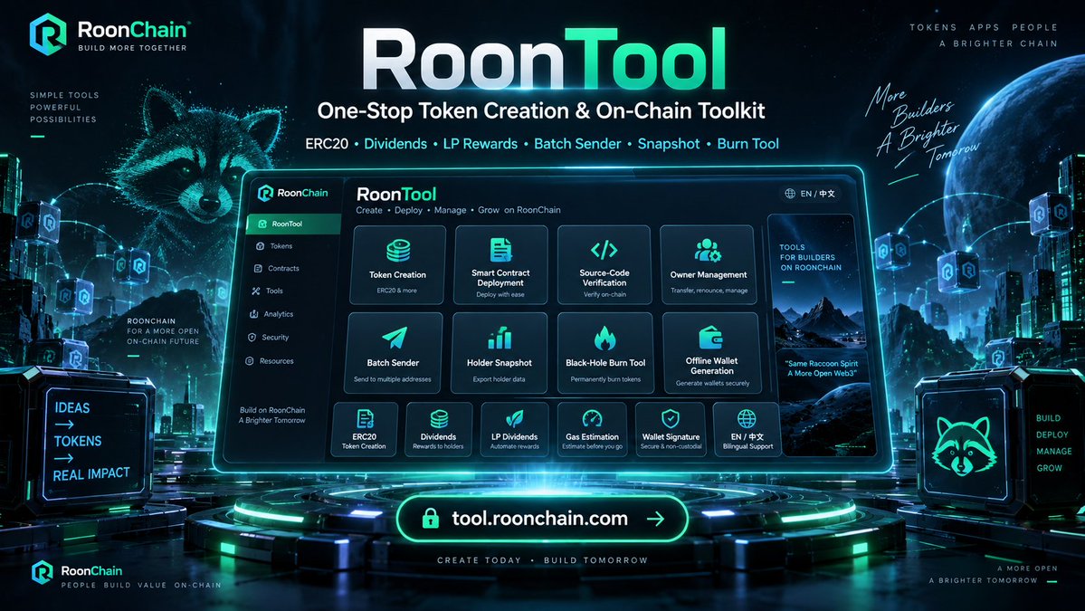RoonChain's tweet photo. RoonTool is officially live. 🦝🛠️

A one-stop token creation and on-chain toolkit built for the RoonChain ecosystem.

Create and deploy multiple token models, including:

Standard ERC20
Dual marketing / auto-liquidity / buy-limit tokens
Holder dividend tokens
LP dividend tokens
RoonTool supports custom buy/sell taxes, marketing wallets, team wallets, auto-liquidity, burn rules, and dividend settings — with support for ROON or ERC20 rewards.
Before deployment, parameters are automatically checked and gas is estimated. After deployment, users can verify source code and manage contract ownership.
More tools are also included:

Batch sender
Token holder snapshot
Black-hole burn tool
Offline wallet generator

And most importantly:
Your wallet signs everything.
RoonTool does not custody assets.
RoonTool never touches your private keys.

Launch now:
https://t.co/vqypgPcpSD
Build faster. Launch cleaner. Stay on-chain.
#RoonChain #RoonTool #ROON #Web3 #ERC20 #BuildOnRoonChain