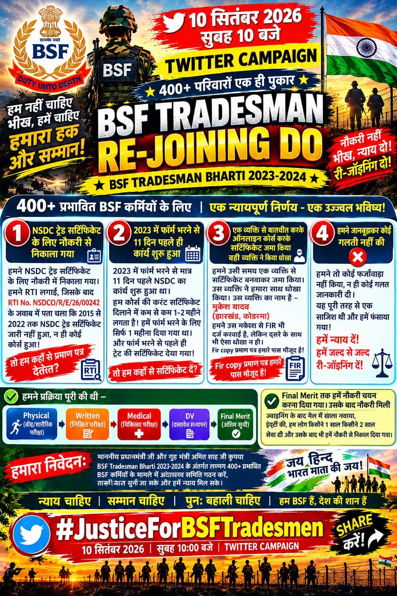 Akasha0dn's tweet photo. #JusticeForBSFTradesmen

एक जवान की मेहनत के पीछे पूरा परिवार खड़ा होता है।
400+ परिवारों की उम्मीद को समझिए

@PMOIndia
@HMOIndia
@AmitShah
@BSF_India
#JusticeForBSFTradesmen https://t.co/JkzhH6cVbb