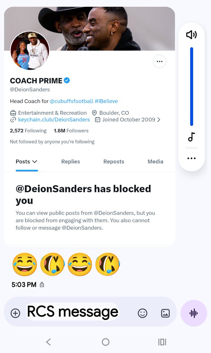 CreatedforHelp's tweet photo. Here he is @DeionSanders blocking my husband's page after ONE DAY!! But still SPEAKING on a woman. 😂😂😂😂😂😂

You still talking??? You FOCUS buddy, or you might get blown out 130 to 10 like you did last year. #GoBUFFS https://t.co/TjLUNQa4xW