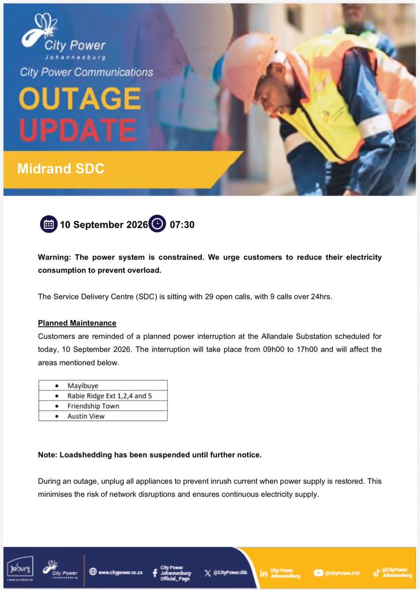 CityPowerJhb's tweet photo. #MidrandUpdates #CityPowerUpdates
The Midrand Service Delivery Centre is sitting with 29 open calls ^TM https://t.co/kv2CF8WqSE
