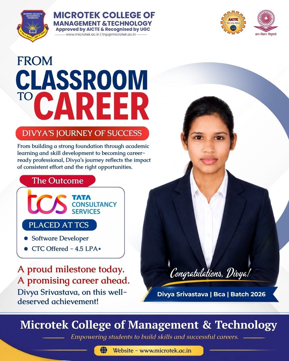MicrotekJ99388's tweet photo. Congratulations to Divya Srivastava, BCA Batch 2026, on securing her placement at Tata Consultancy Services (TCS) as a Software Developer with a CTC of ₹4.5 LPA*.
#microtekcollege #microteksuccess #placementsuccess https://t.co/sEqjxN5KYD