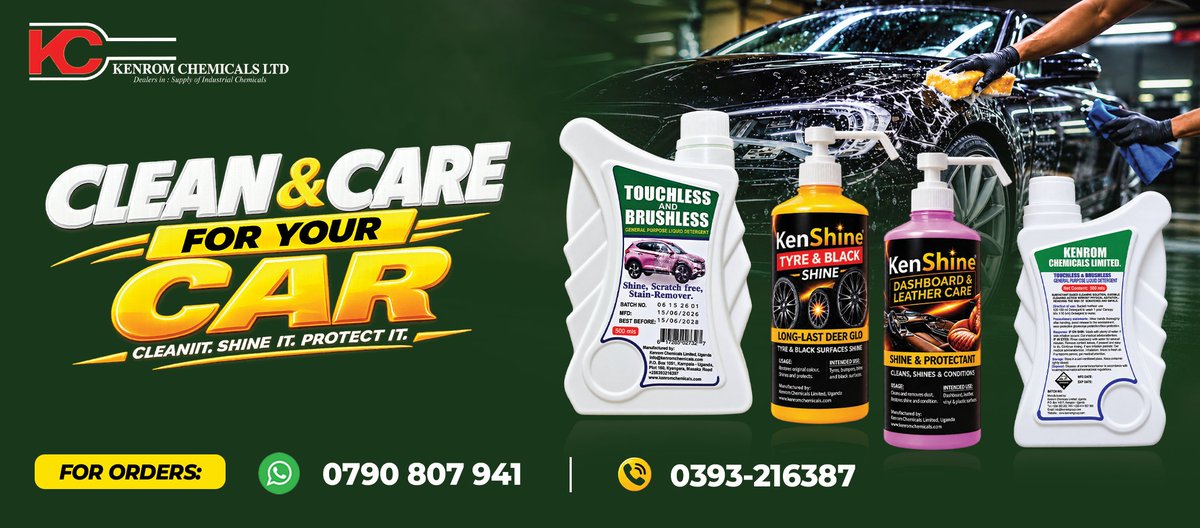 KenromChemcals's tweet photo. 🇺🇬 Hello Uganda! Welcome the new kings of car cleaning and care!

Meet the Kenrom Car Care Range:
Touchless &amp; Brushless – Powerful car wash &amp; cleaning
KenShine Dashboard &amp; Leather Care
KenShine Tyre Shine

Kenrom — Quality With Purpose. 💚

#KenromChemicals https://t.co/47pgS1CLjL