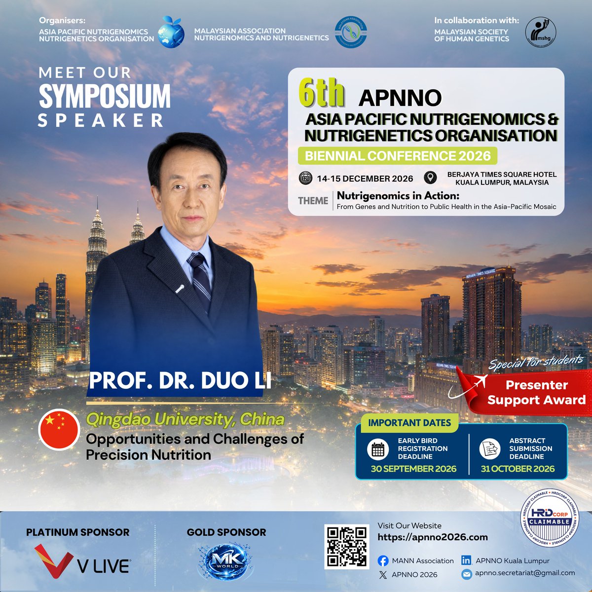 APNNO2026's tweet photo. 🎙️ Symposium Spotlight | APNNO2026 🧬
Precision health insights:
🇨🇳 Prof Dr Duo Li (Qingdao Univ) • Opportunities &amp; Challenges of Precision Nutrition
🇲🇾 Dr Nurul Husna Shafie (UPM) • Multiomics, Gut Microbiota &amp; Green Tea Polyphenols Nanoparticles
🌐 https://t.co/nohbPaN9ye https://t.co/yegsv3VNx8