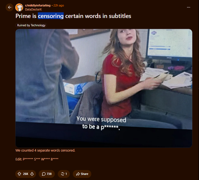 TheFartcoinDev's tweet photo. Amazon prime are now censoring words in subtitles???

They are using Asterisk to censor them. 

Lets run 'C**' paired to Amazon.
https://t.co/8qhEDZvCKZ https://t.co/feZU0Jtoys