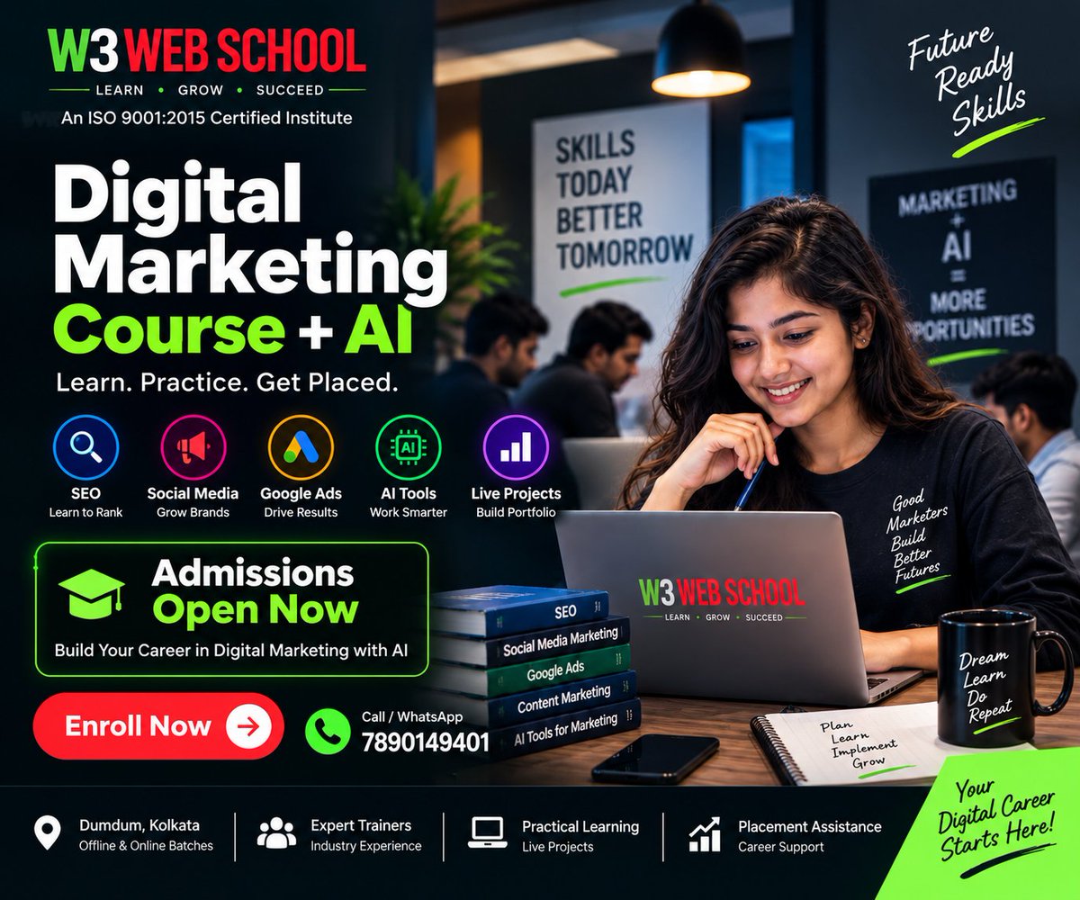 W3WebSchool_'s tweet photo. 🚀 Build your career with Digital Marketing + AI.

Learn SEO, Google Ads, Social Media Marketing, AI Tools, and Live Projects with placement assistance at W3 Web School.
Admissions Open.
#DigitalMarketing #AI #SEO #GoogleAds #Kolkata
https://t.co/YvMbkLWmwr https://t.co/C8IPyfc1Ap