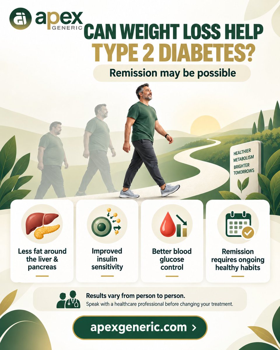 apexgeneric's tweet photo. Small, sustainable changes can make a meaningful difference. 🌿 Weight loss may improve insulin sensitivity, support blood sugar control and help some people achieve Type 2 di@betes remission. Always follow professional medic@l guidance.
#DiabetesAwareness #apexgeneric https://t.co/4yAgaTaQvy