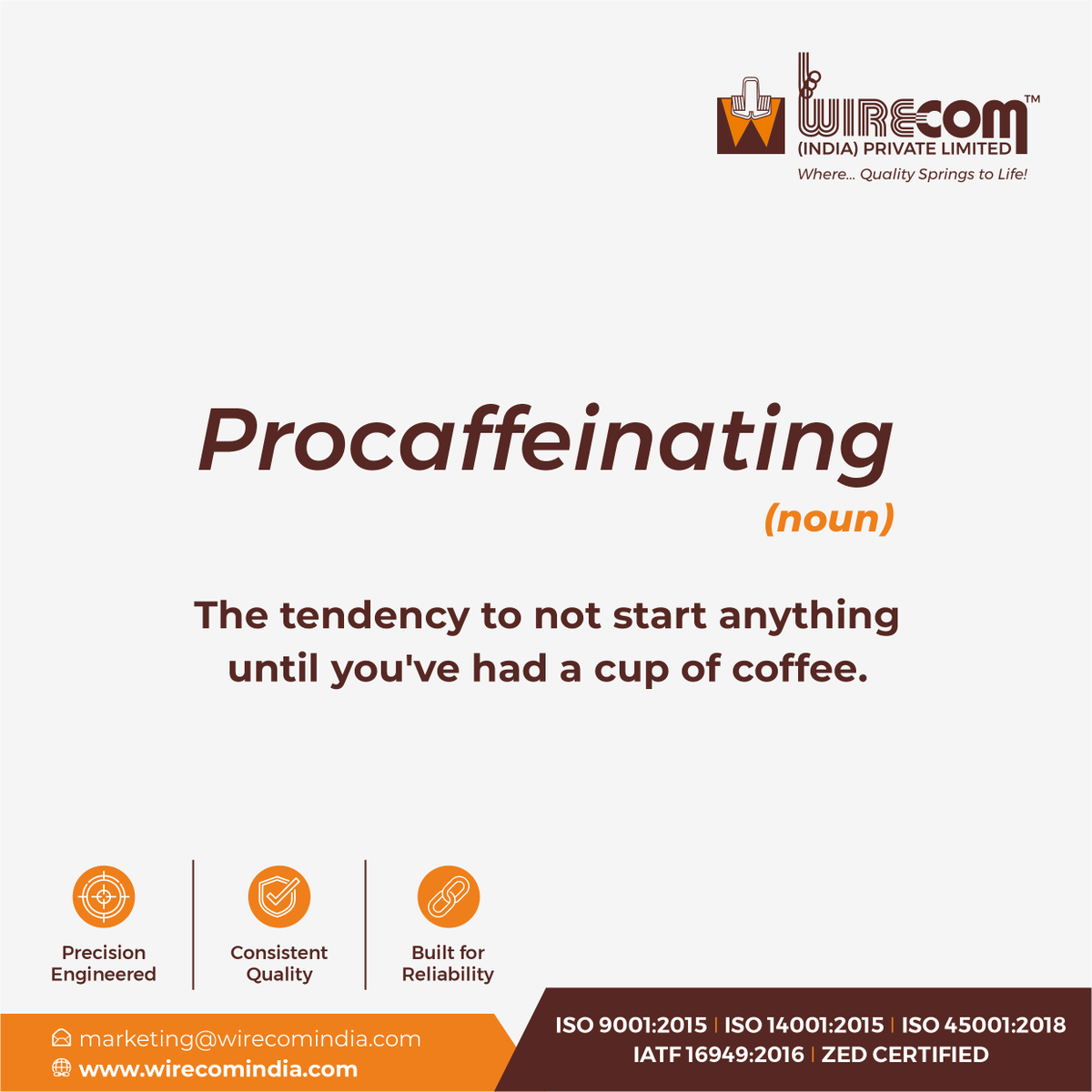 WirecomIndia's tweet photo. The tendency to not start anything until you've had a cup of coffee.
Be honest — how many of you are guilty of this before 9 AM? 😄 Tag someone who needs their coffee fix before they can function!

#procaffeinating #coffeefirst #funnywords #relatablecontent #officehumor #friday https://t.co/nudfkkm4El