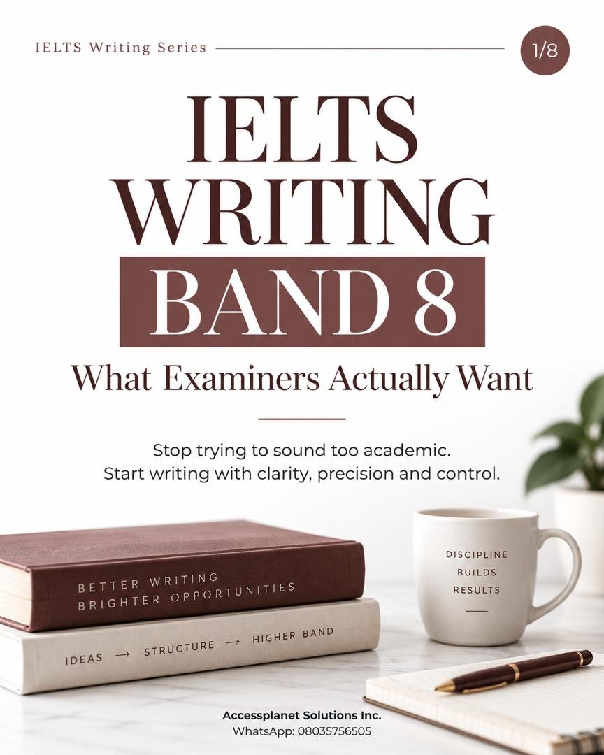 AccessLordx's tweet photo. Band 8 in IELTS Writing is not about using the biggest words. It is about answering the question fully, developing your ideas clearly and  organising them well. 
Save this post and use the checklist in your next practice.

Need help with IELTS preparation?
WhatsApp: 08035756505 https://t.co/DlY3bJJ0zA