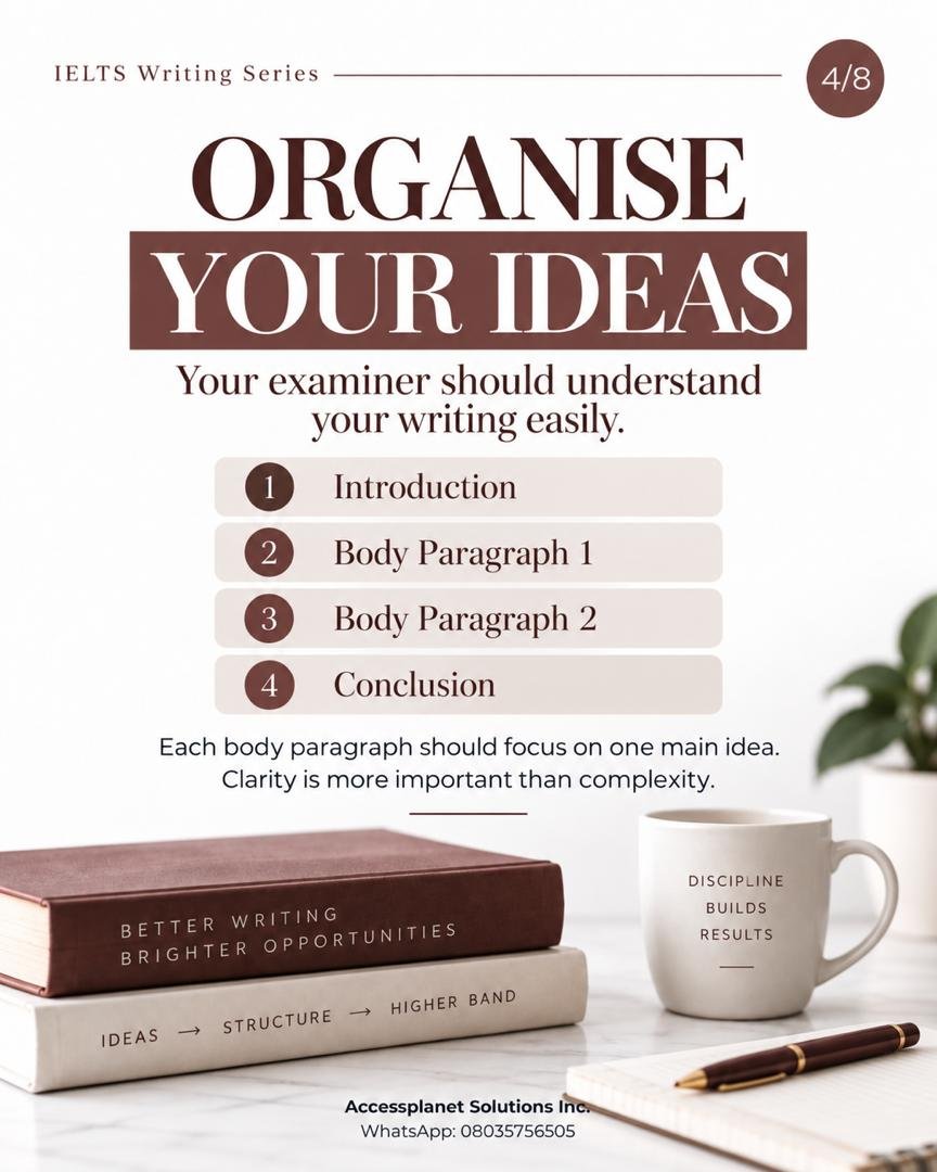 AccessLordx's tweet photo. Band 8 in IELTS Writing is not about using the biggest words. It is about answering the question fully, developing your ideas clearly and  organising them well. 
Save this post and use the checklist in your next practice.

Need help with IELTS preparation?
WhatsApp: 08035756505 https://t.co/DlY3bJJ0zA