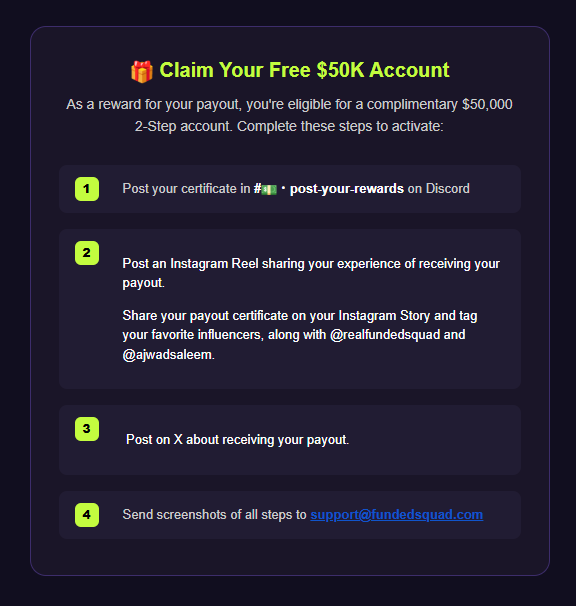 risers343's tweet photo. I got my payout… then found THIS in my email. 🤯

@fundedsquad is giving traders a FREE $50K 2-Step account after a payout.

Yes, $0 cost.

I recently got paid through their Rapid account, and when I scrolled down in the payout email, I found this reward.

A lot of traders have already claimed it.

Honestly, this is one of the best payout rewards I’ve seen.