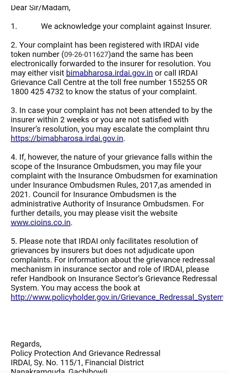 Smnadeem1117's tweet photo. @BajajGeneral My motor claim complaint is now registered with IRDAI Bima Bharosa (Token No. 09-26-011627). I request a clear written resolution and claim calculation with the exact policy clause for the deduction. Please resolve the matter promptly. https://t.co/jIl4kOTFKv