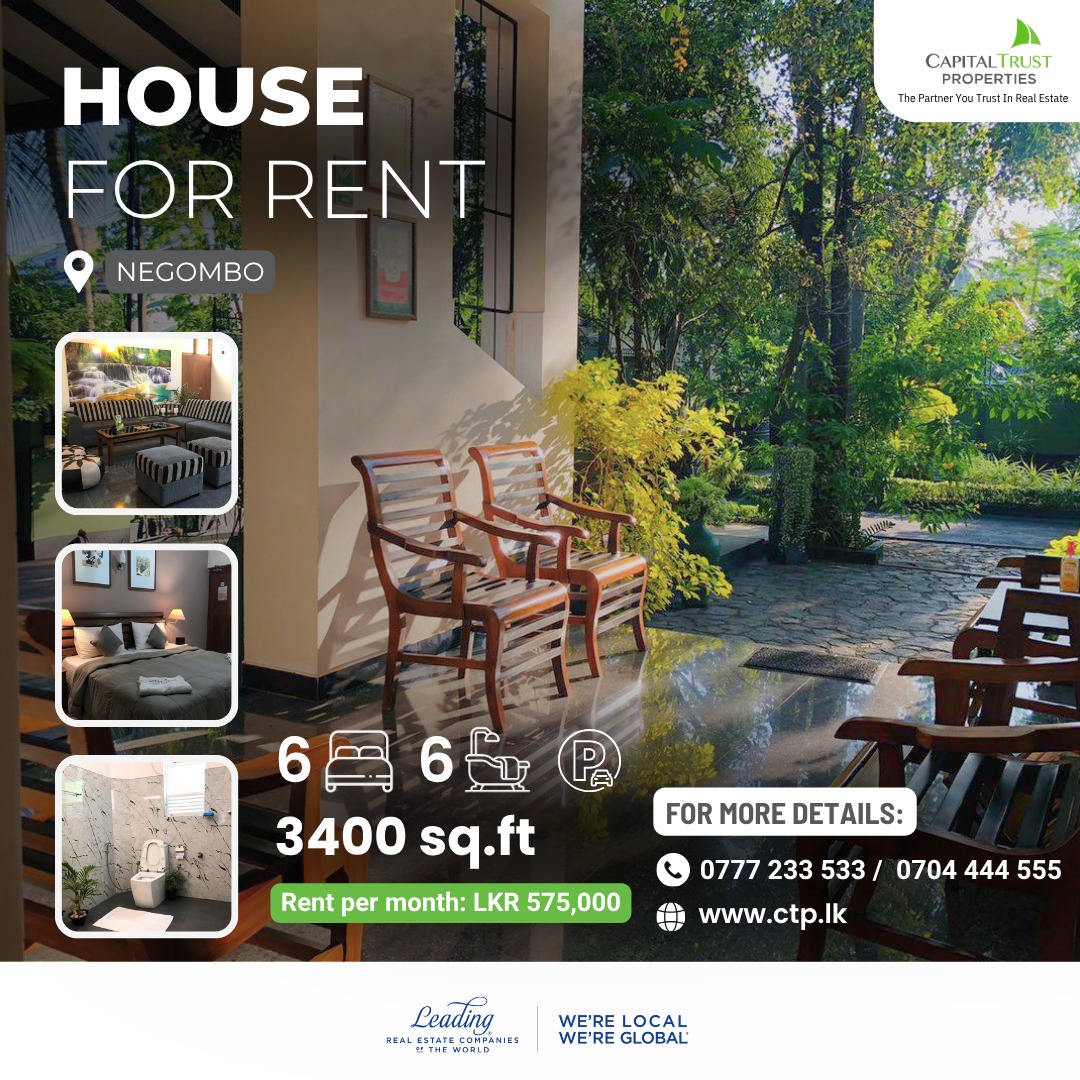 CTP_SriLanka's tweet photo. A fully furnished 2 story house is now available for rent in Negombo. 

* 6 Bedrooms
* 6 Bathrooms
* 3400 sq.ft
* 34 Perches of land

Rent per month: LKR 575,000

please contact Capital Trust Properties:
📞 0777 233 533 / 0704 444 555
🌐 https://t.co/leWRUbyKRt https://t.co/sxajRexW3e