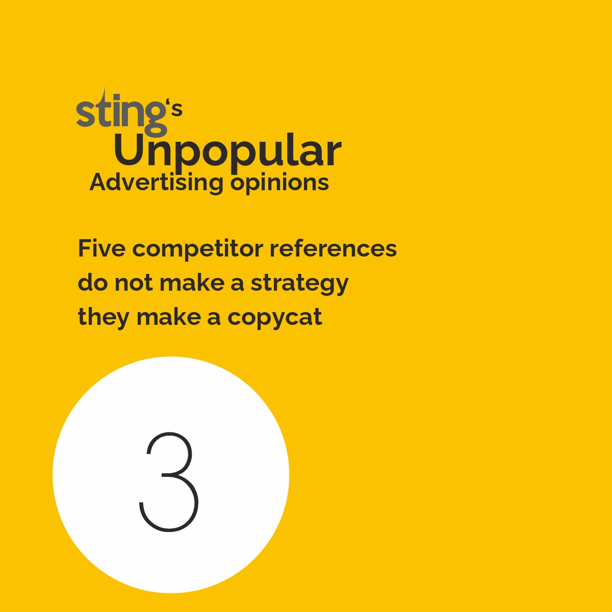 sting_ad's tweet photo. Five competitor references don't make a strategy. They make a copycat.
#UnpopularOpinions #Advertising #Marketing #BrandCommunication #CreativeAdvertising #ContentMarketing #DigitalMarketing #AdvertisingAgency #CreativeThinking #BrandStrategy #CommunicationStrategy https://t.co/Yk3GTMPs36