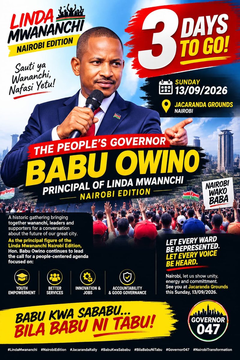 kamishnakarl606's tweet photo. Fellow comrades Nairobi countdown continues!This Sunday 13th Sept all roads lead to Jacaranda Grounds for the much-awaited Linda Mwananchi Nairobi Rally a moment for Nairobi residents to come together engage, and share their vision for the future of our great city #BabuKwaSababu https://t.co/8Kog1fBrB6