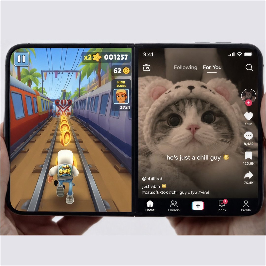 DRKSISTEMM's tweet photo. Apple'ın yeni katlanabilir telefonu iPhone Duo'da oyun oynarken aynı anda Instagram Reels ve TikTok kaydırma özelliği bulunuyor.#negerekvar #iphone18 #iphone https://t.co/Az8WwwW00m