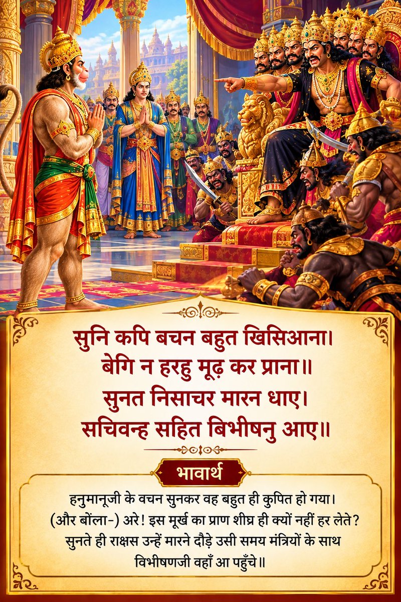 Ramlal's tweet photo. ॥सुंदर कांड॥

सुनि कपि बचन बहुत खिसिआना। 
बेगि न हरहु मूढ़ कर प्राना॥

सुनत निसाचर मारन धाए। 
सचिवन्ह सहित बिभीषनु आए॥

भावार्थ:-हनुमान्‌जी के वचन सुनकर वह बहुत ही कुपित हो गया। (और बोला-) अरे! इस मूर्ख का प्राण शीघ्र ही क्यों नहीं हर लेते? सुनते ही राक्षस उन्हें मारने दौड़े उसी समय मंत्रियों के साथ विभीषणजी वहाँ आ पहुँचे॥

#RamCharitManas
#SundarKand