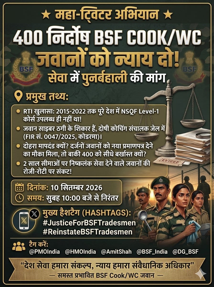 Deepak094043217's tweet photo. @Ranbir_Crpf #JusticeForBSFTradesmen

BSF Tradesmen ने देश की सेवा की है। हमारी मांग किसी विशेष सुविधा की नहीं, बल्कि न्यायपूर्ण पुनर्बहाली (Re-joining) के अवसर की है।

@PMOIndia
@HMOIndia
@AmitShah
@BSF_India https://t.co/8V3QqAvHME