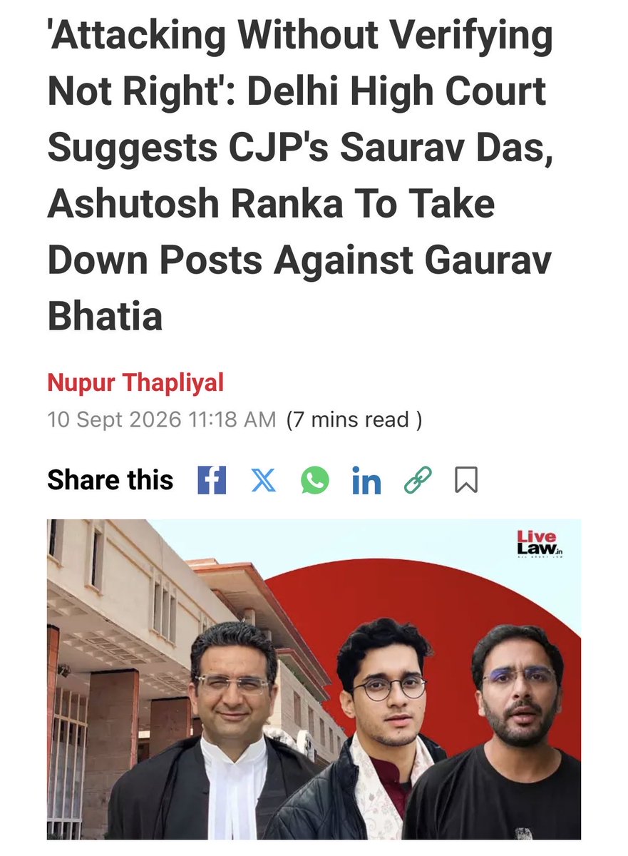UtsavisRight's tweet photo. 'Attacking Without Verifying Not Right': Delhi High Court Suggests CJP's Saurav Das, Ashutosh Ranka To Take Down Posts Against Gaurav Bhatia https://t.co/CUdAXFIJOh