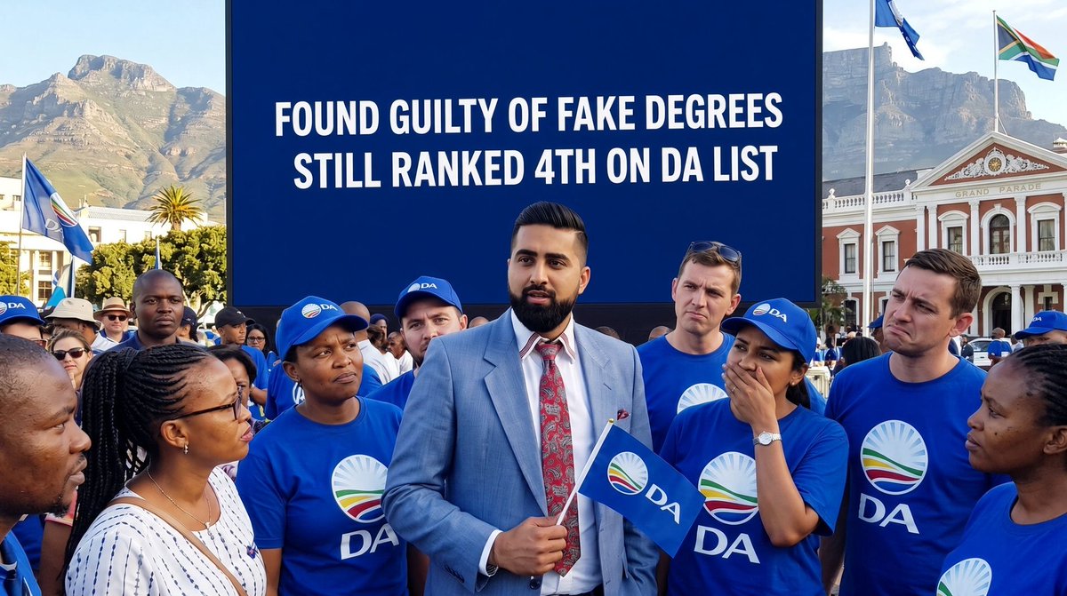 RenaldoGouws's tweet photo. A DA councillor was caught faking his two degrees and was charged on 5 counts and pleaded guilty to all of them, yet he remained a councillor. This is legally fraud. Now he ranked 4th on the Cape Town list for the upcoming elections.

Video Link: https://t.co/ZgzJwD8M0M https://t.co/xPa0HRcYUt