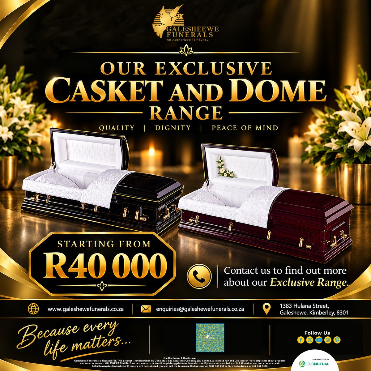 GalesheweF's tweet photo. Give your loved ones the quality, dignity and peace of mind they deserve. 
#GalesheweFunerals #CasketRange #DomeRange #FuneralServices #Quality #Dignity #PeaceOfMind #BecauseEveryLifeMatters https://t.co/RzYu5UKqvm