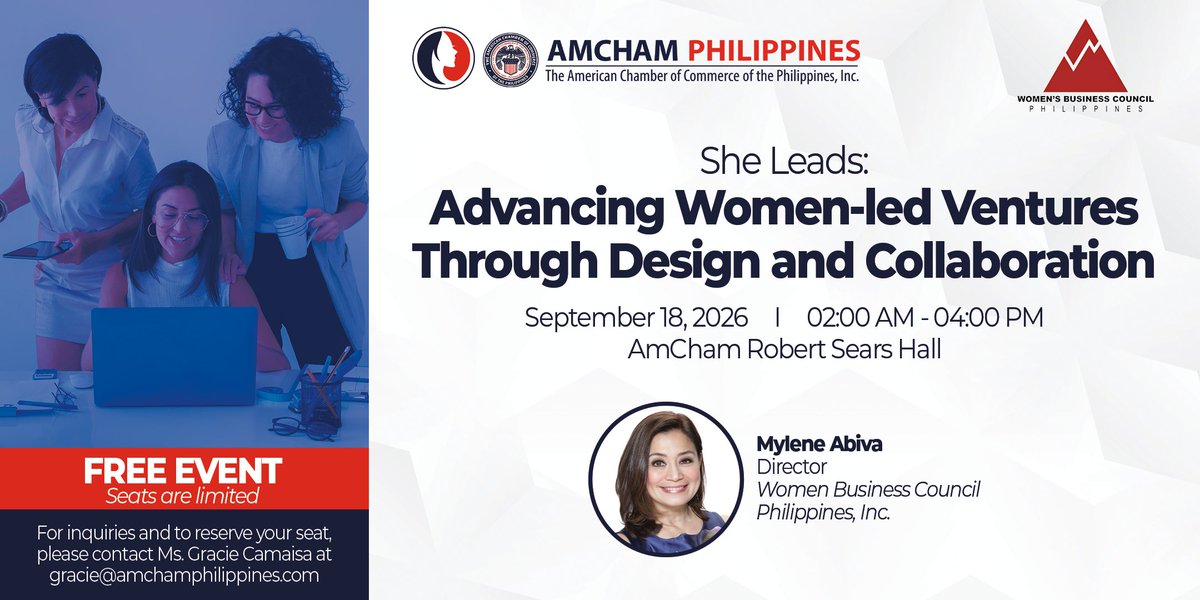 AmChamPH's tweet photo. Join PWOA and WomenBiz PH on Sept. 18 for an exclusive roundtable advancing women-led enterprises, addressing barriers to growth, and shaping actionable recommendations for ASEAN engagement. Reserve your seat today.

Register now: https://t.co/qguq2Jgwz0

#WomenInBusiness #ASEAN https://t.co/siZNGhY5g6