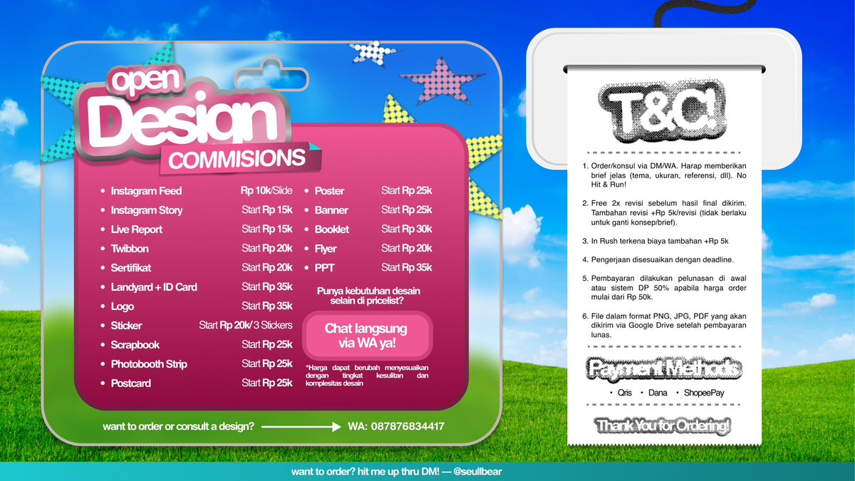seullbear's tweet photo. ⋆˚꩜｡ 𝙊𝙥𝙚𝙣 𝘿𝙚𝙨𝙞𝙜𝙣 𝘾𝙤𝙢𝙢𝙞𝙨𝙨𝙞𝙤𝙣𝙨 ⋆˚꩜｡
 
Need a design? I got what u need. Start from 10k only and the design is yours ♡
💌 Order via WA: 087876834417

𓆝 𓆟 𓆞 𓆝 𓆟

Feeds | Poster | Banner| Twibbon | PPT | DLL

#zonauang #zonajajan #bealanja https://t.co/ftRrPOfZOO