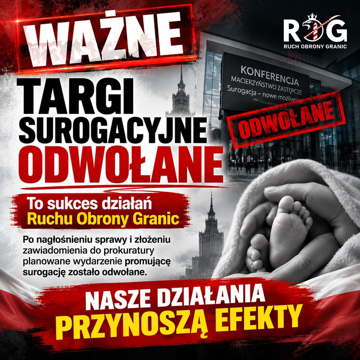 ROGranic's tweet photo. HANDEL DZIEĆMI W WARSZAWIE POWSTRZYMANY!

24 sierpnia Ruch Obrony Granic stanowczo zareagował na zapowiedź ukraińskiej firmy BioTexCom, która planowała w Warszawie wydarzenie promujące komercyjną surogację, czyli de facto handel ludźmi.

Zrobiliśmy to, co do nas należało: nagłośniliśmy sprawę, zorganizowaliśmy konferencję STOP SUROGACJI i złożyliśmy zawiadomienie do prokuratury.

Dziś to skandaliczne wydarzenie ostatecznie nie dochodzi do skutku.

To bardzo dobra wiadomość dla Polski i ważny, wymierny efekt działań podjętych w obronie naszej cywilizacji i godności rodziny przed tą patologią.

NASZE DZIAŁANIA PRZYNOSZĄ EFEKTY.

Będziemy uważnie patrzeć im na ręce i trzymać straż. Zapewniamy, że jeśli ktokolwiek spróbuje tylnymi drzwiami wrócić do naszej Ojczyzny z tym haniebnym procederem, spotka się z naszym natychmiastowym i twardym oporem.
