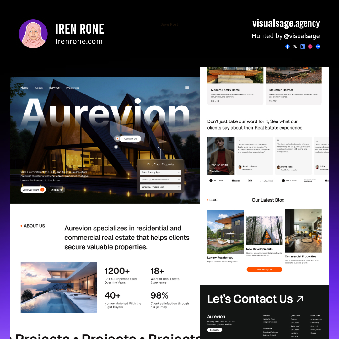 visualsageux's tweet photo. Aurevion — Luxury Real Estate, Reimagined

A refined real estate website combining elegant visuals, editorial typography, and seamless property discovery.

Focus: UI/UX · Web Design · Real Estate
#visaualsage #visualsageagency https://t.co/Be5jN0oufz